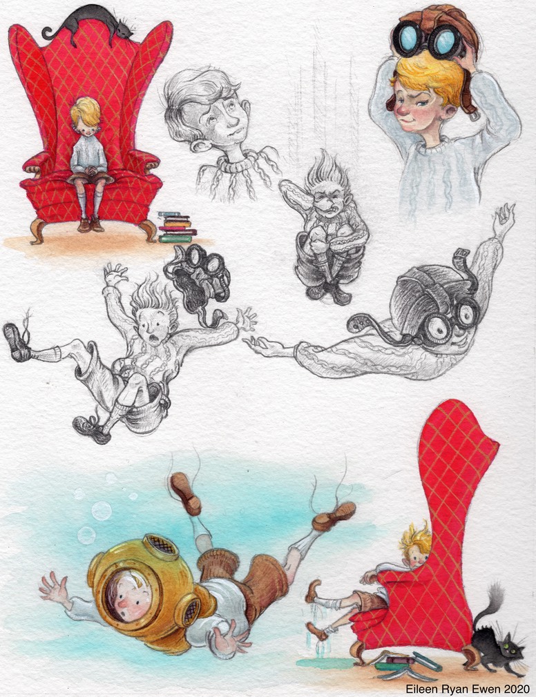 Character studies of Alastair in a red chair and an old diving helmet