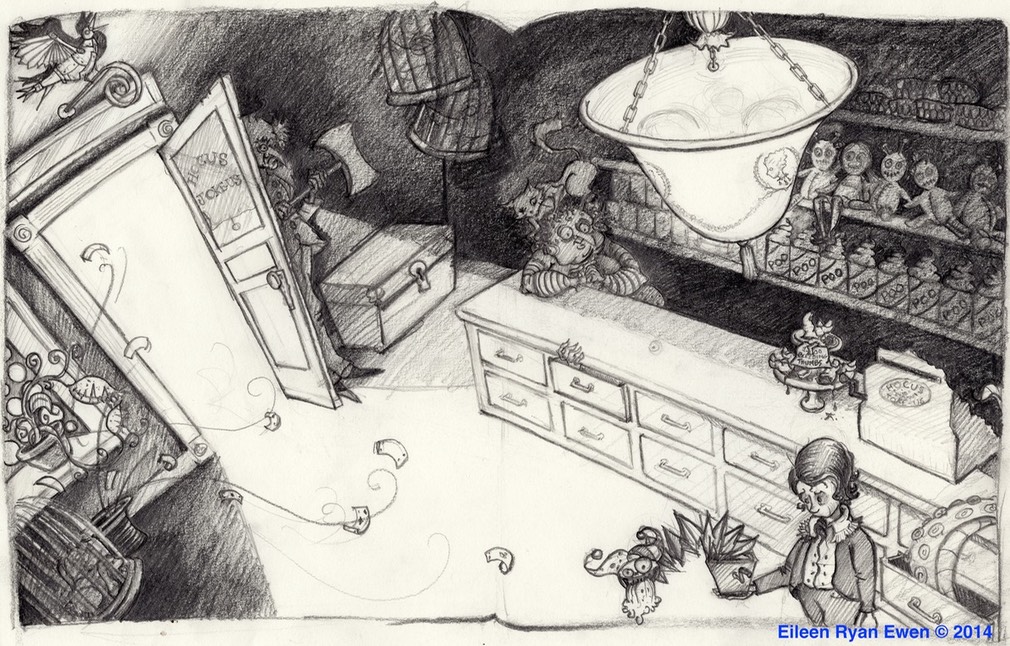 Pencil composition study of a busy costume shop interior