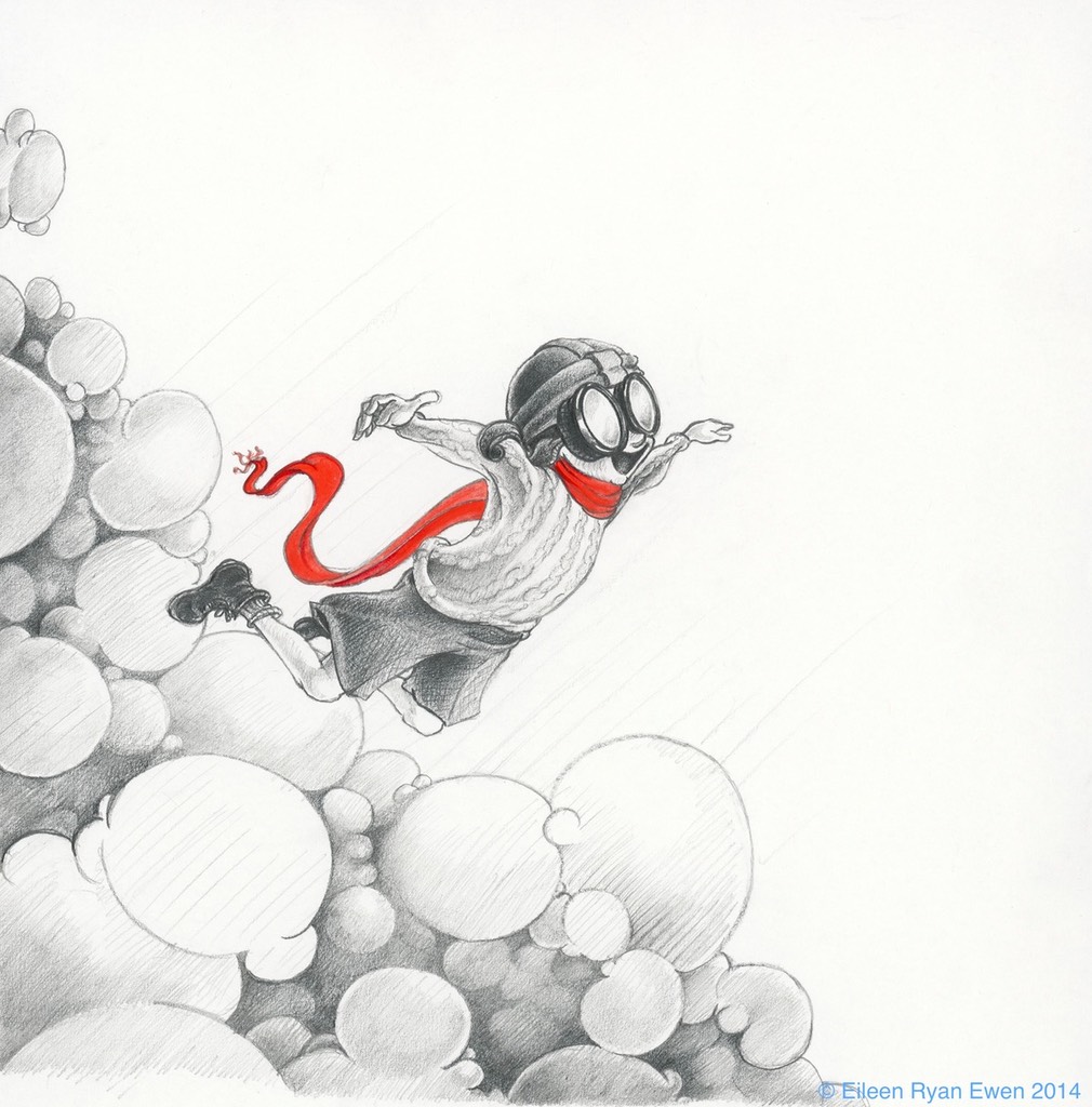 Pencil character flying through clouds with a bright red scarf