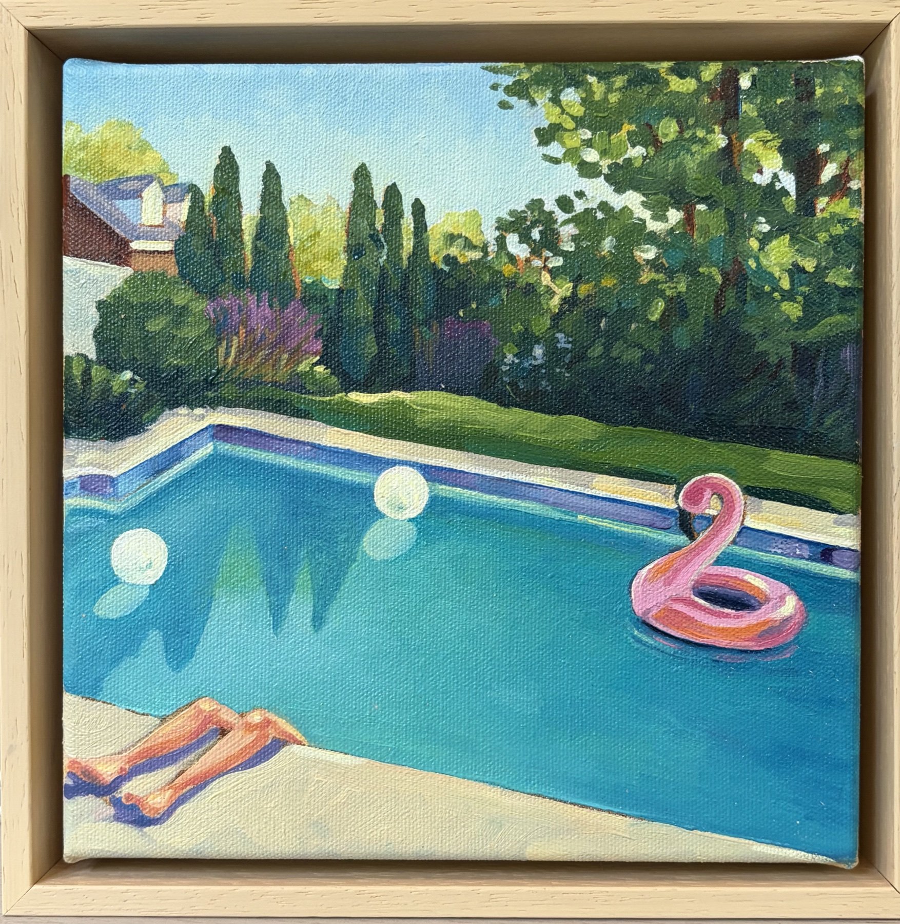 Painting of a blue swimming pool and pink flamingo float in a garden
