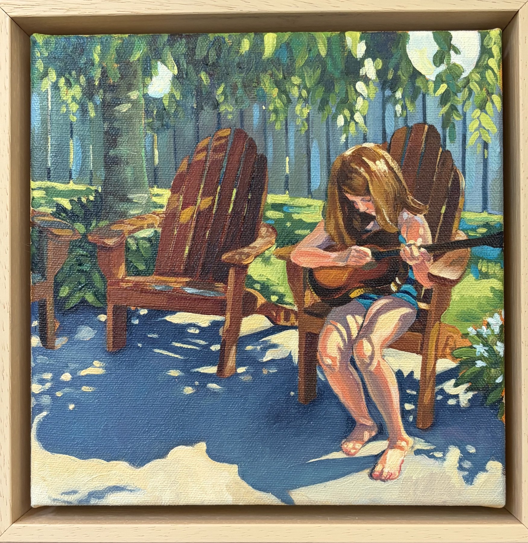 Painting of a young woman playing guitar beneath leafy shade