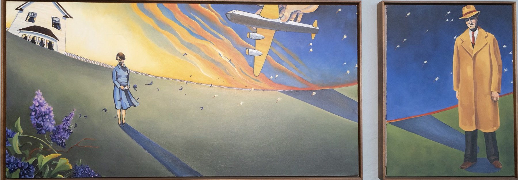 Two-panel narrative painting of figures beneath a wide sky