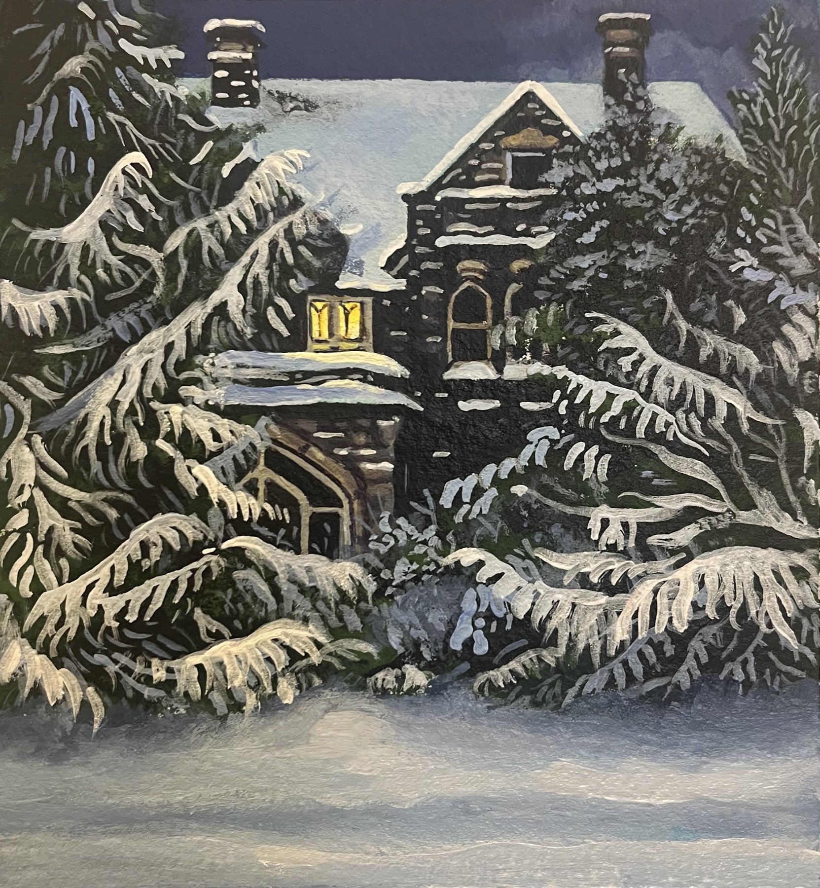 Winter painting of a house glowing through snow-covered evergreens