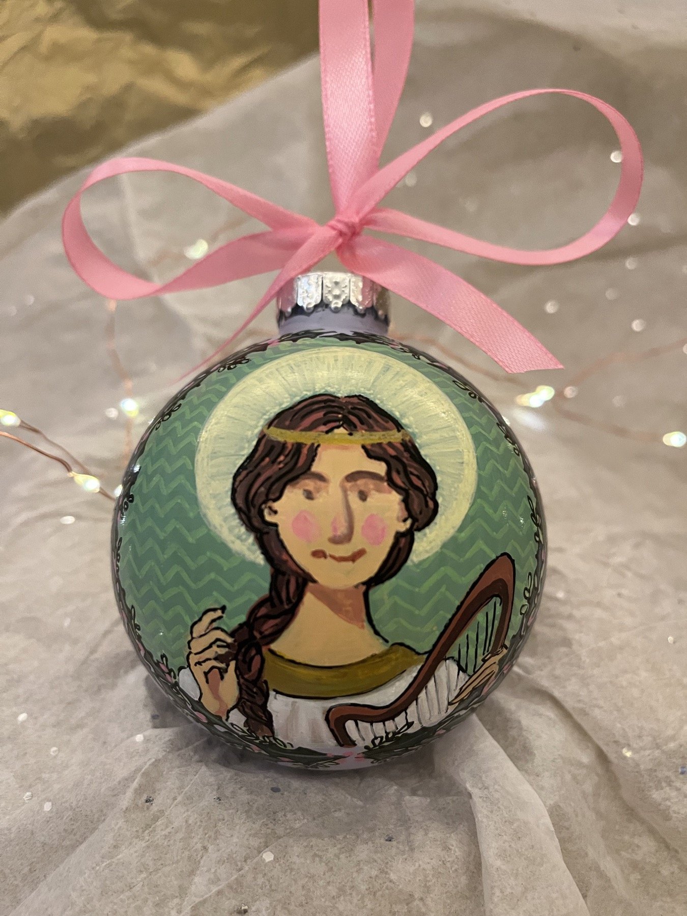Hand-painted glass ornament portrait of St. Cecilia
