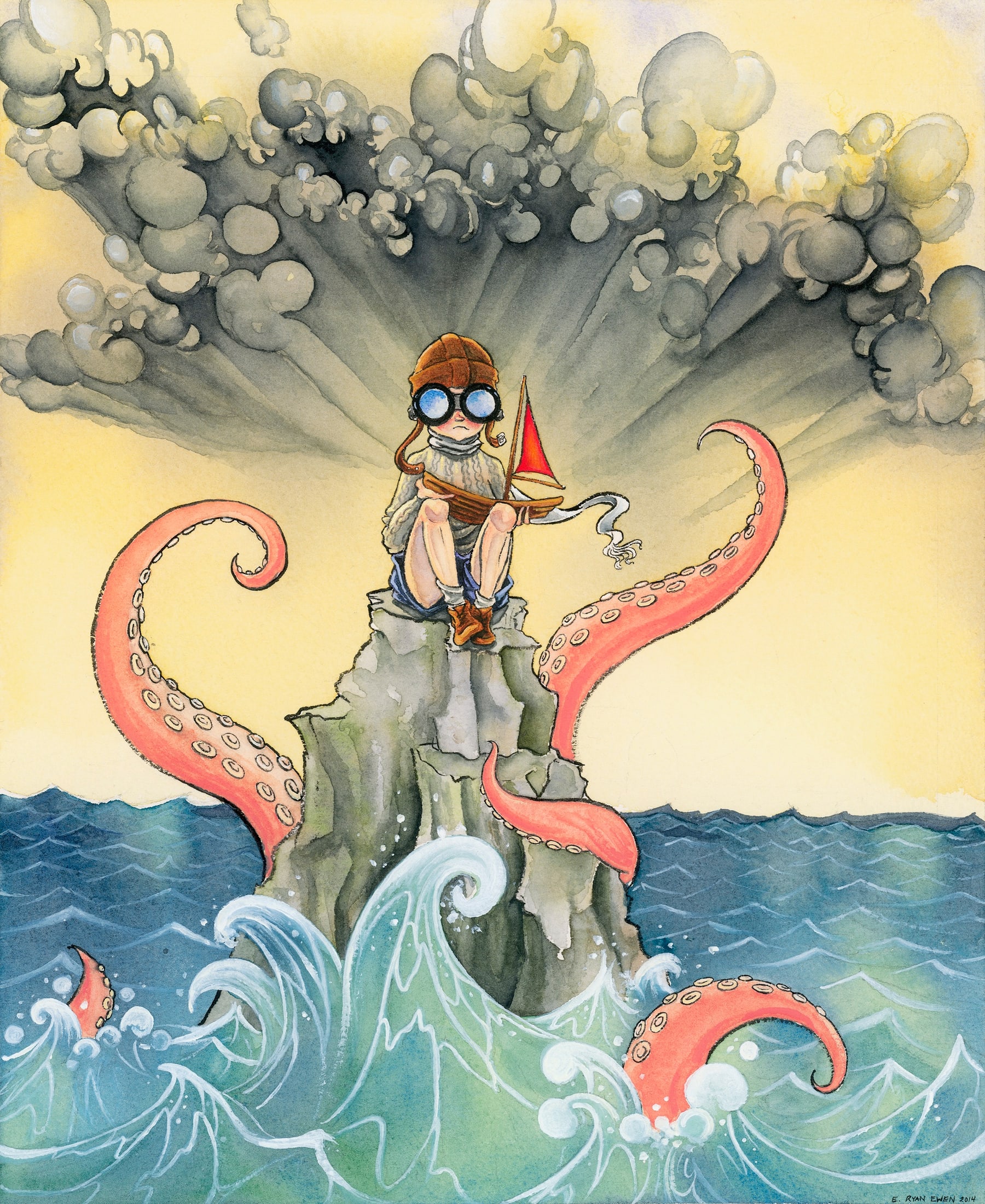 Alastair sits on a sea stack while tentacles rise from the waves