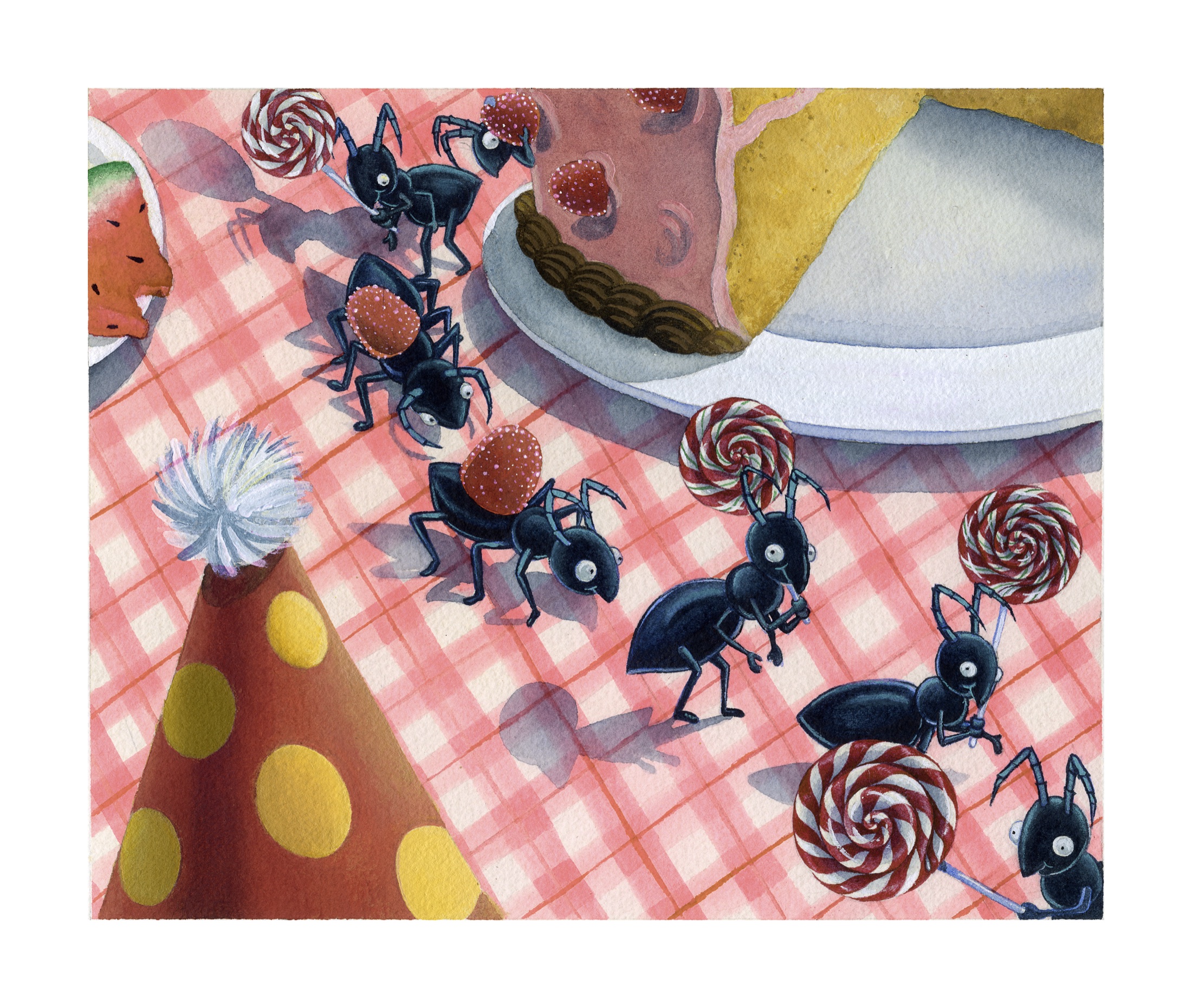 Ants carrying sweets across a bright party table