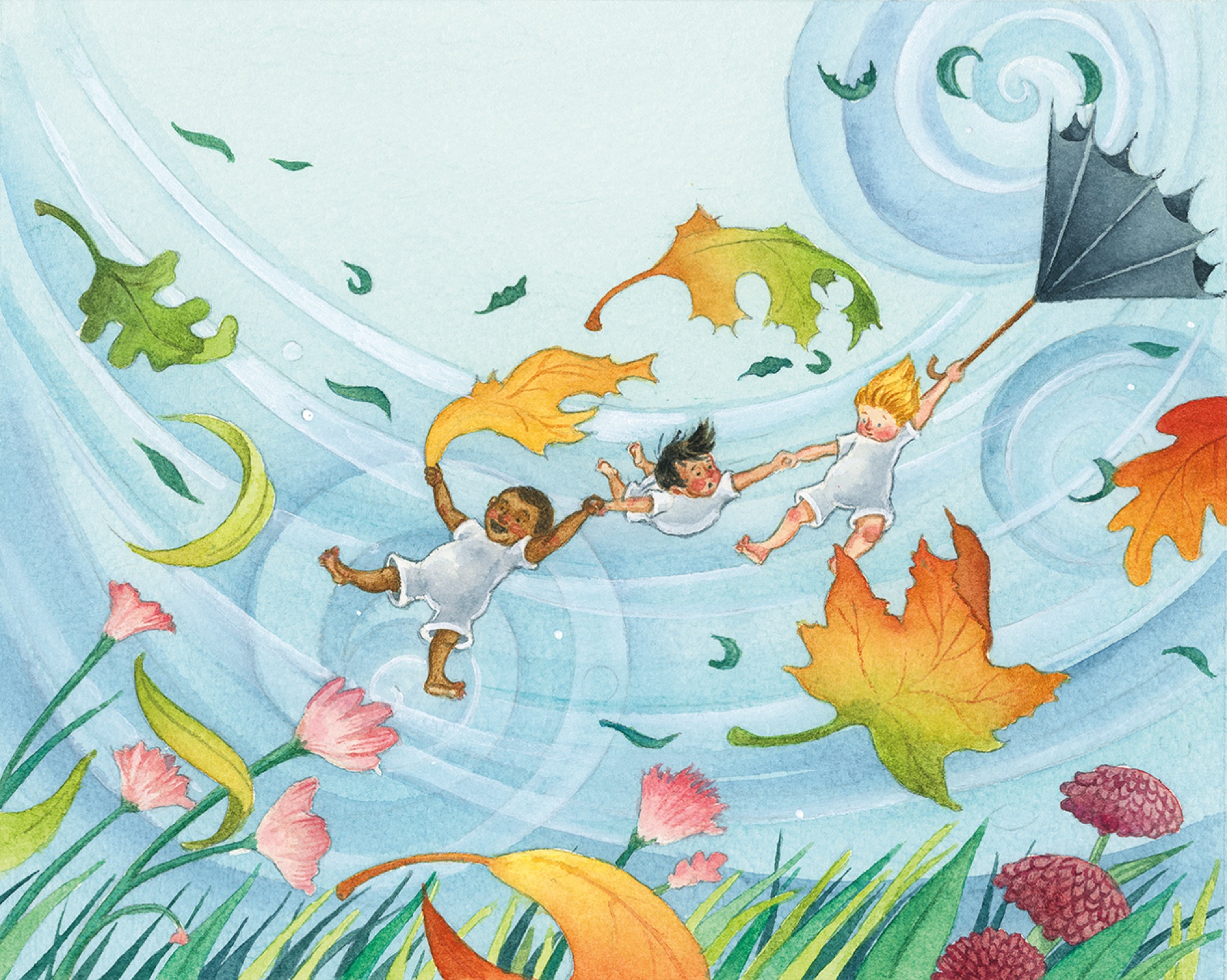 Children flying through an autumn wind