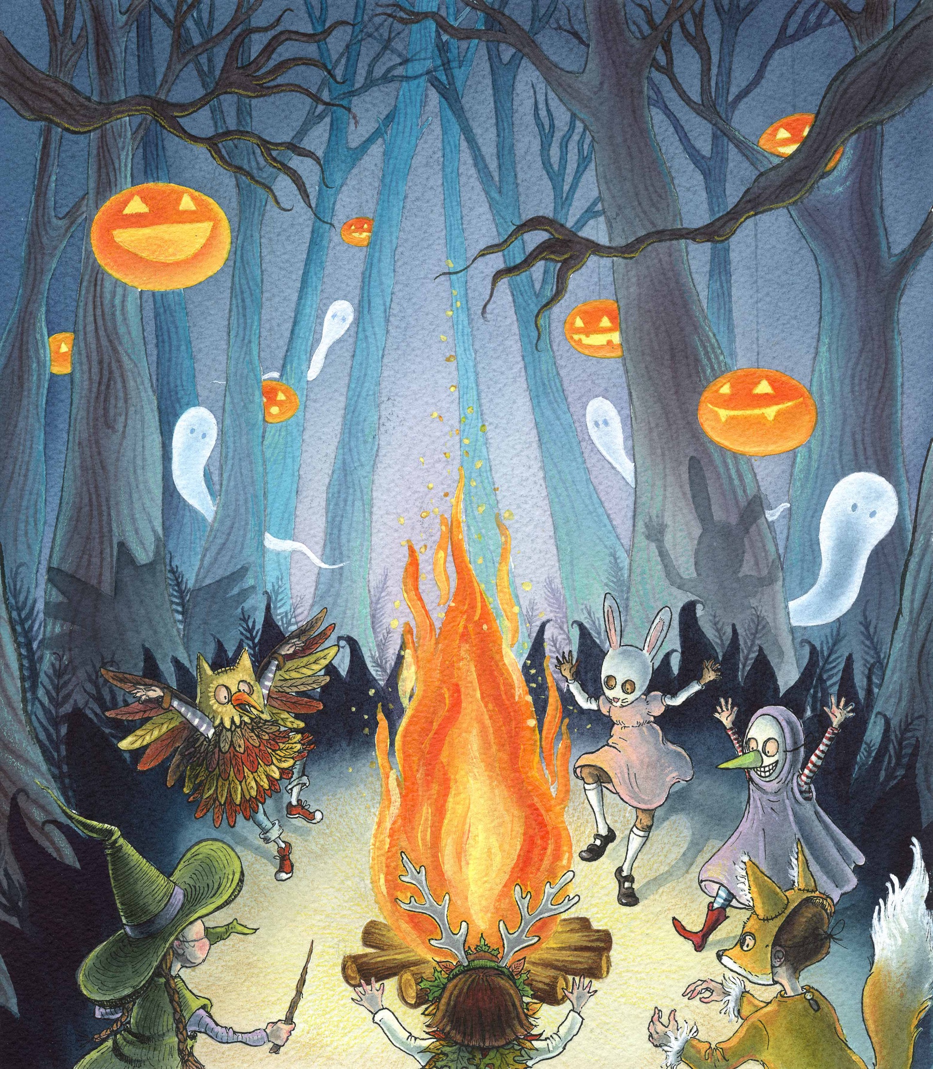 Costumed characters dancing around a bonfire in a haunted forest