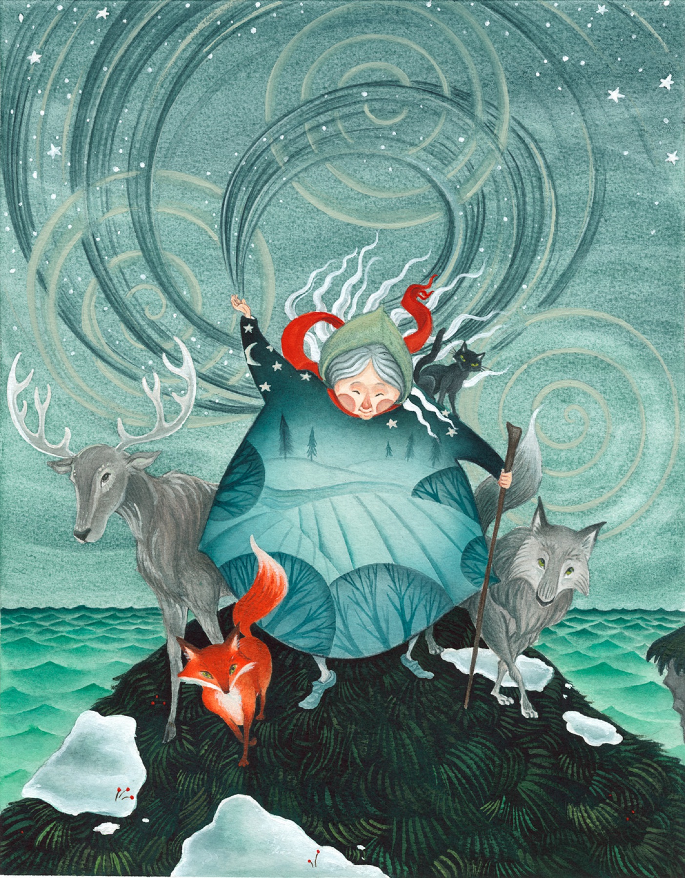 The Cailleach surrounded by winter animals