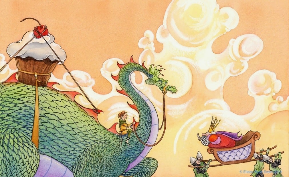 A dragon carries a cupcake while a royal procession follows