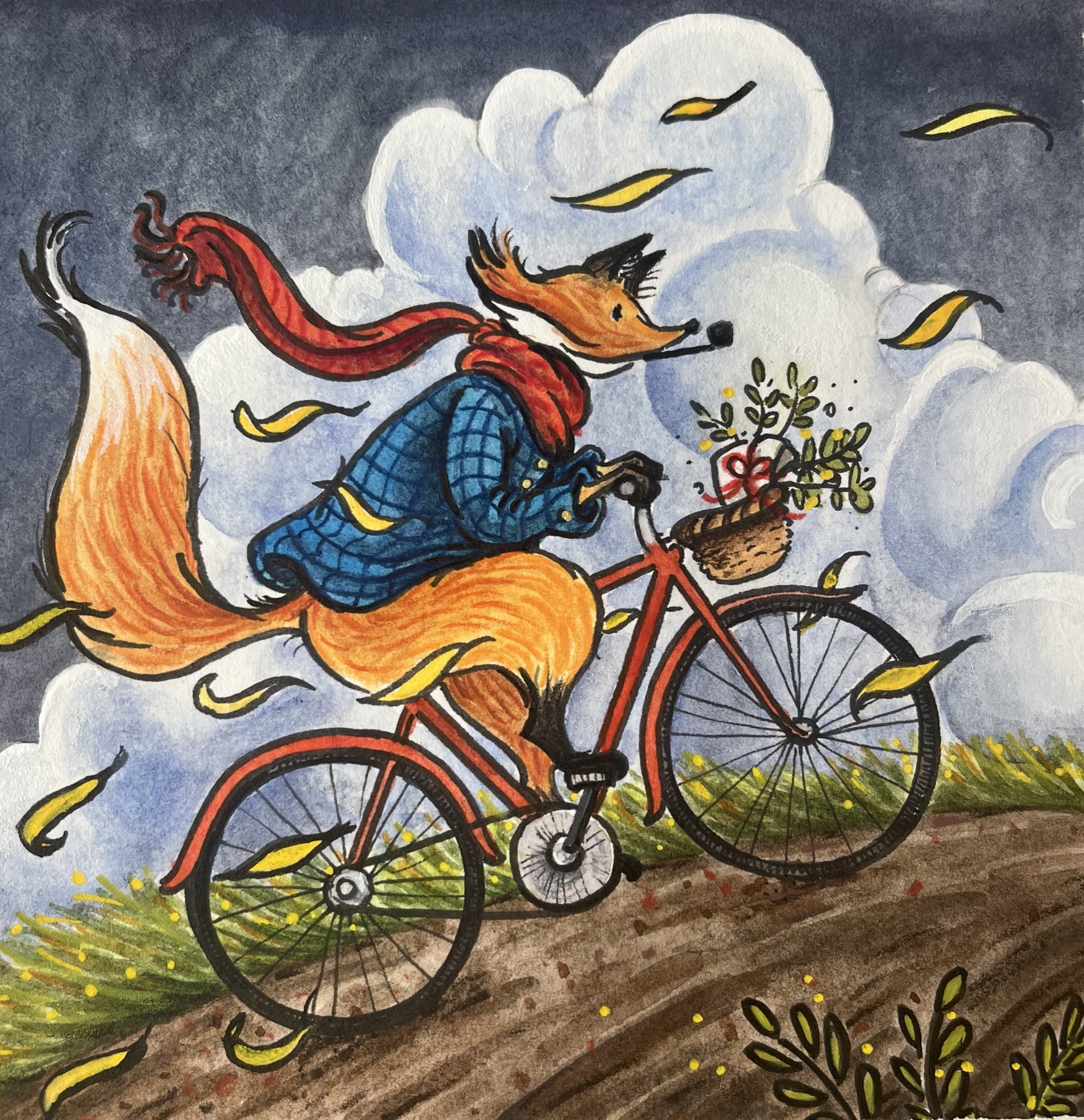 A fox riding a red bicycle on a windy day