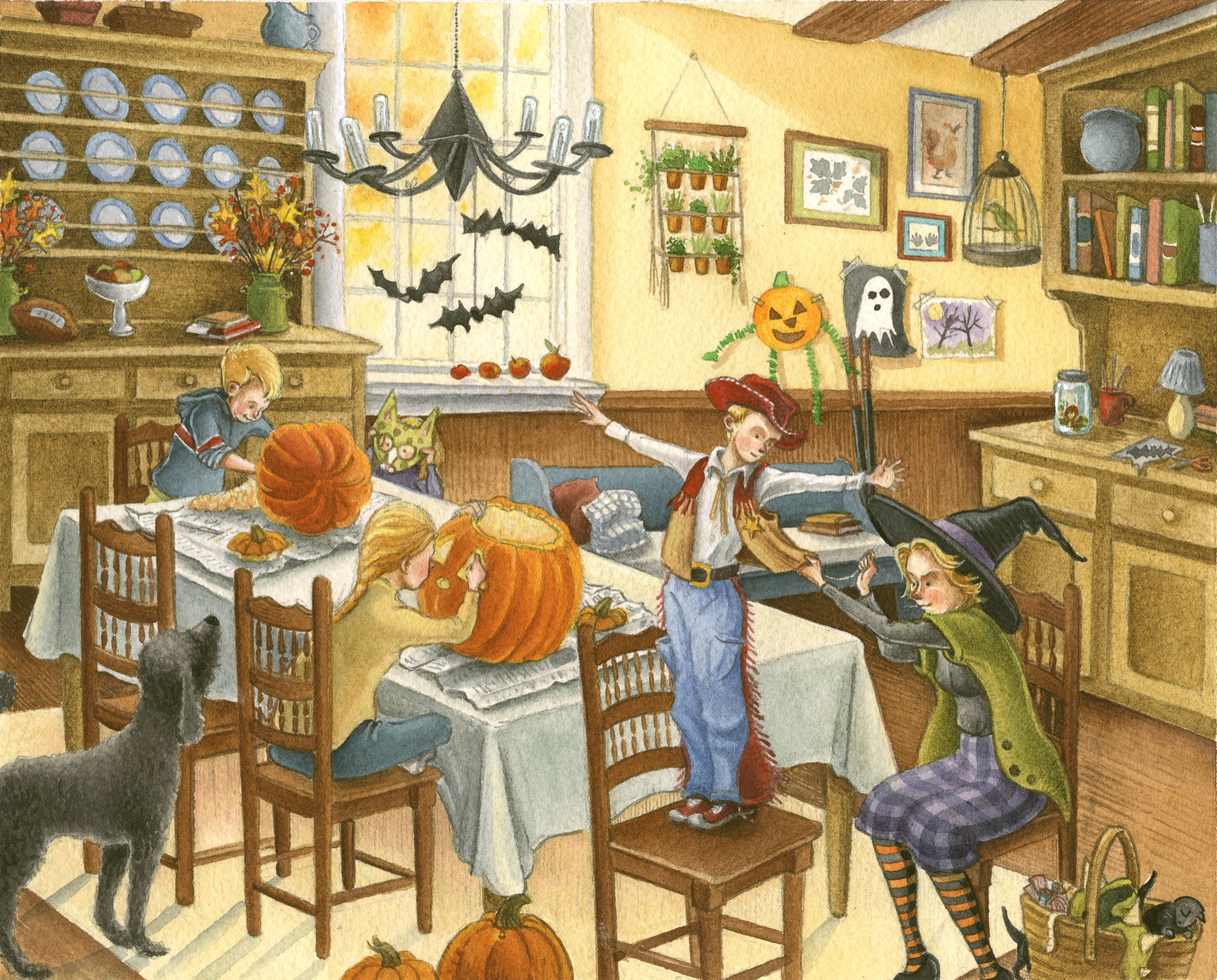 Children carving pumpkins and making costumes in a kitchen