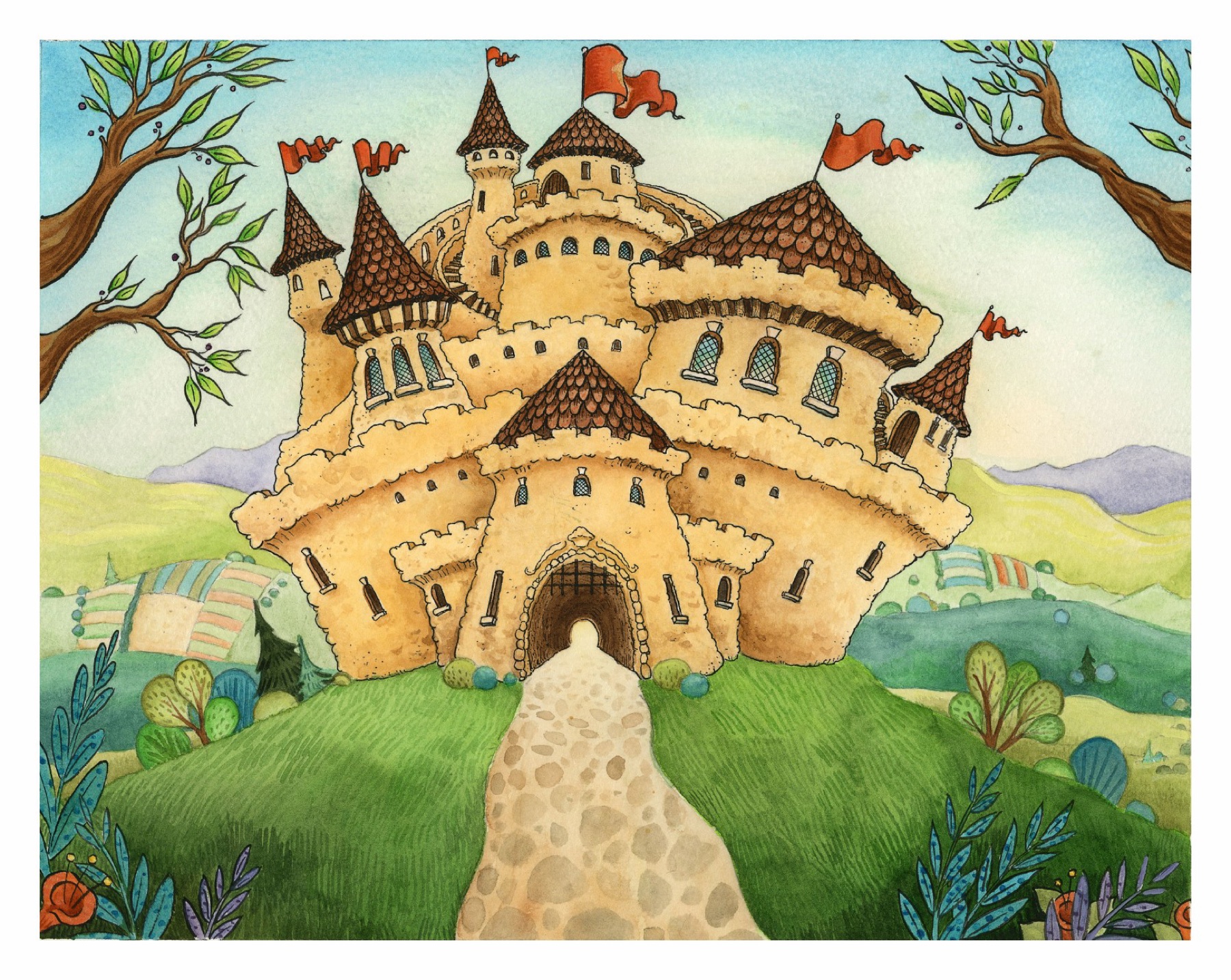 A fantastical castle shaped from layers of pastry