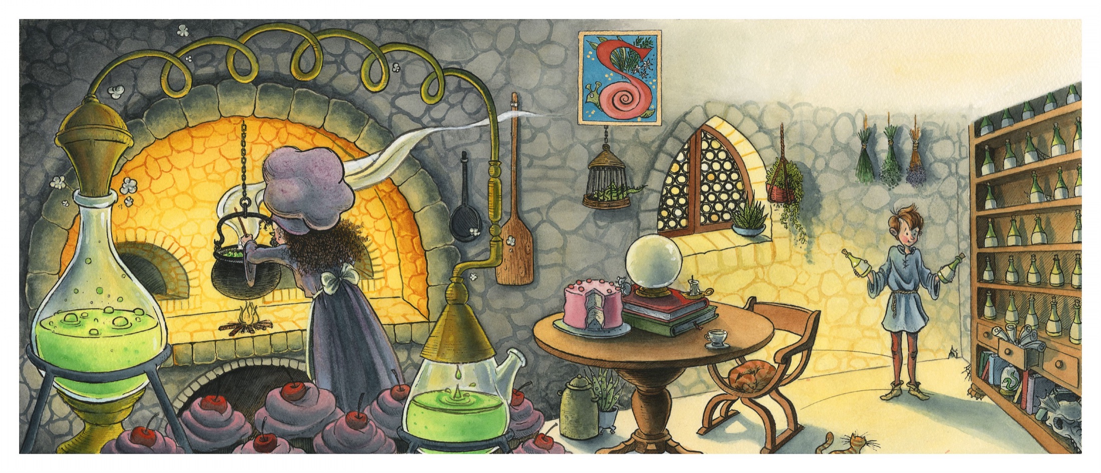 A magical pastry workshop filled with tools, potions, and baked goods