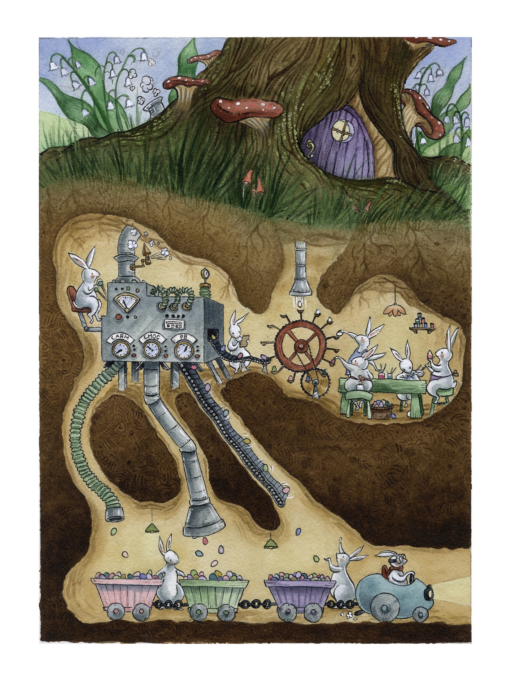 Rabbits operating a candy-making workshop beneath a tree