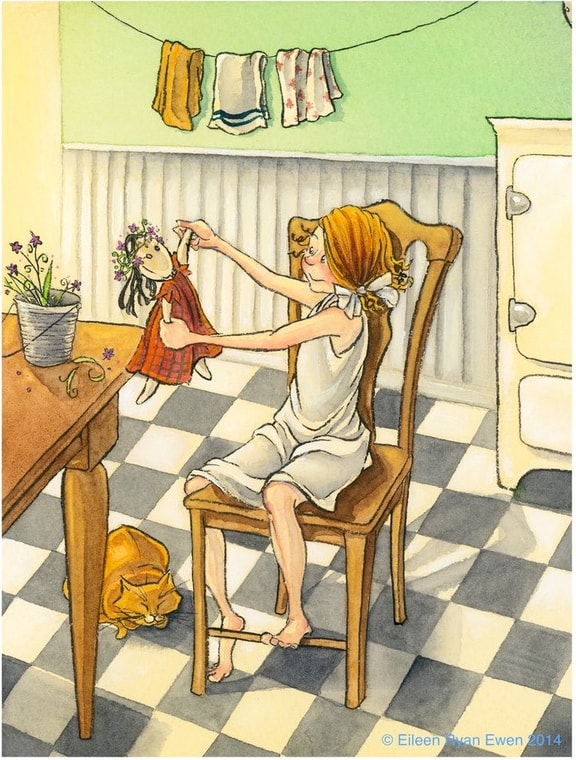 A girl making a flower crown for a doll in a warm kitchen