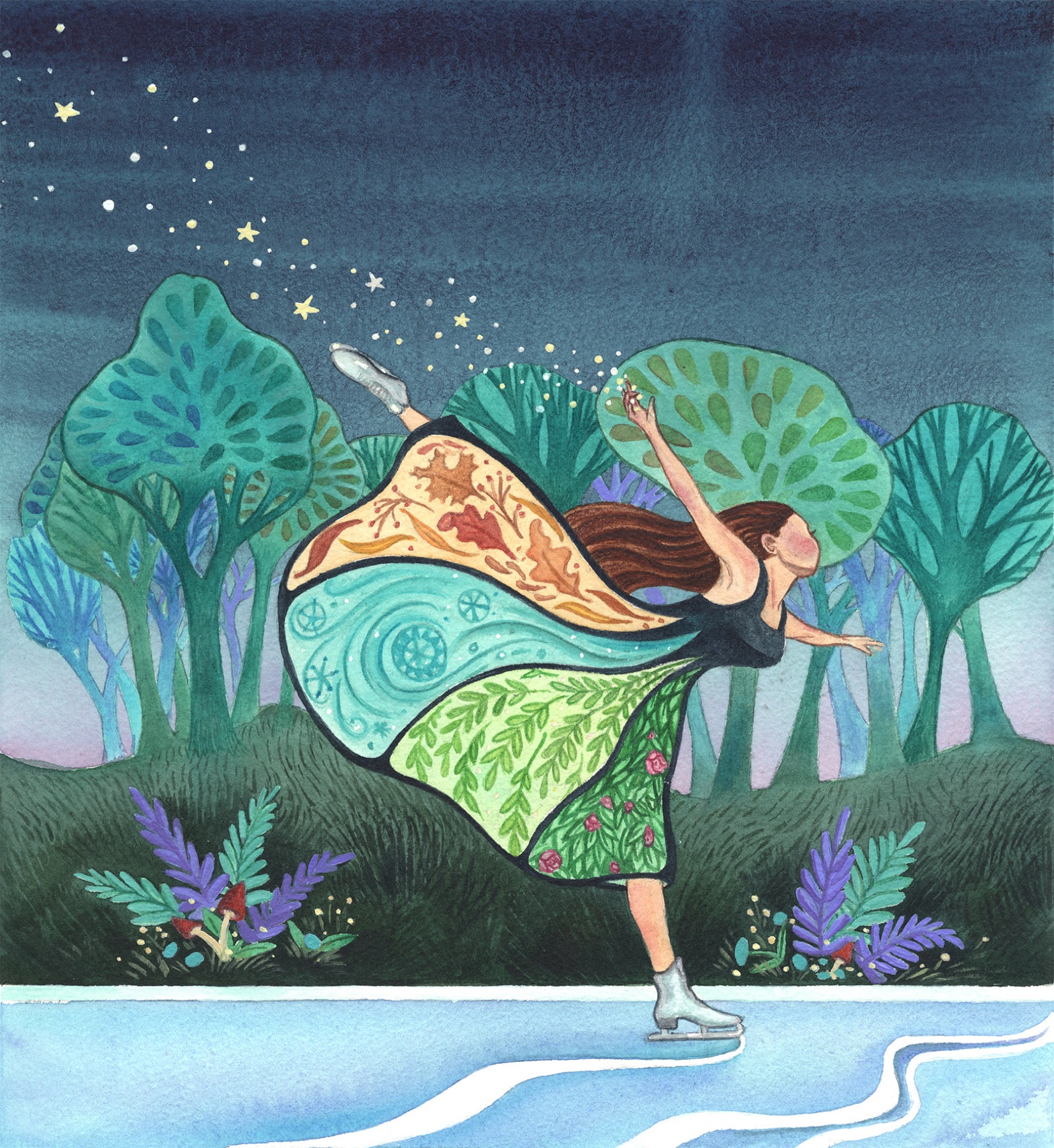 A skater in a patterned skirt gliding through a moonlit forest