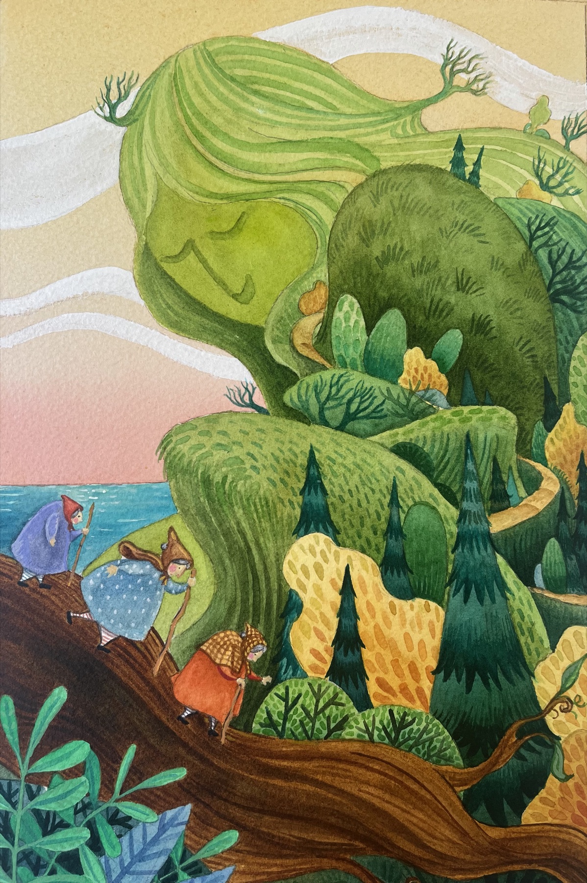 Travelers climbing over a sleeping green giant