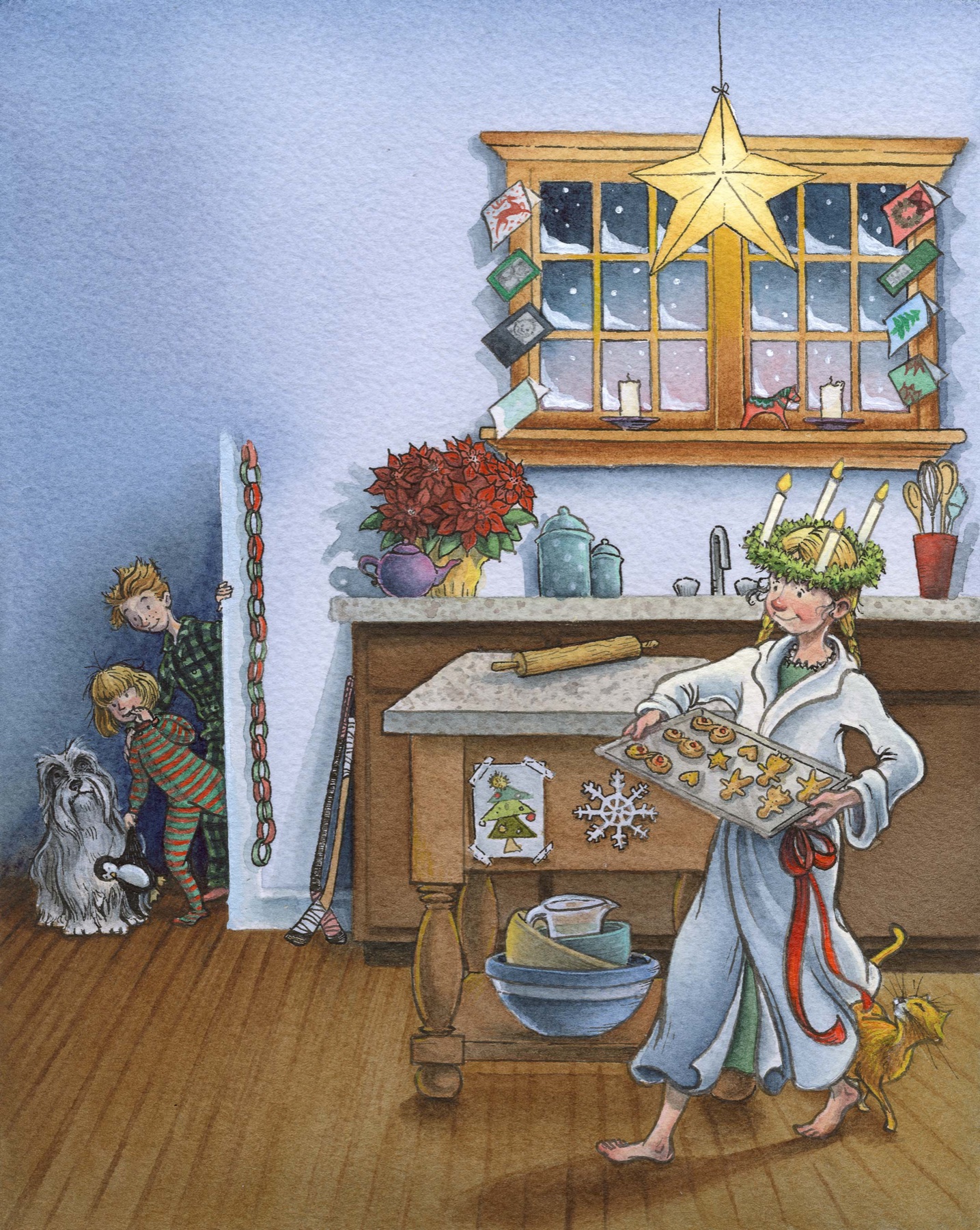 St. Lucia Morning illustration of a family preparing for a winter celebration