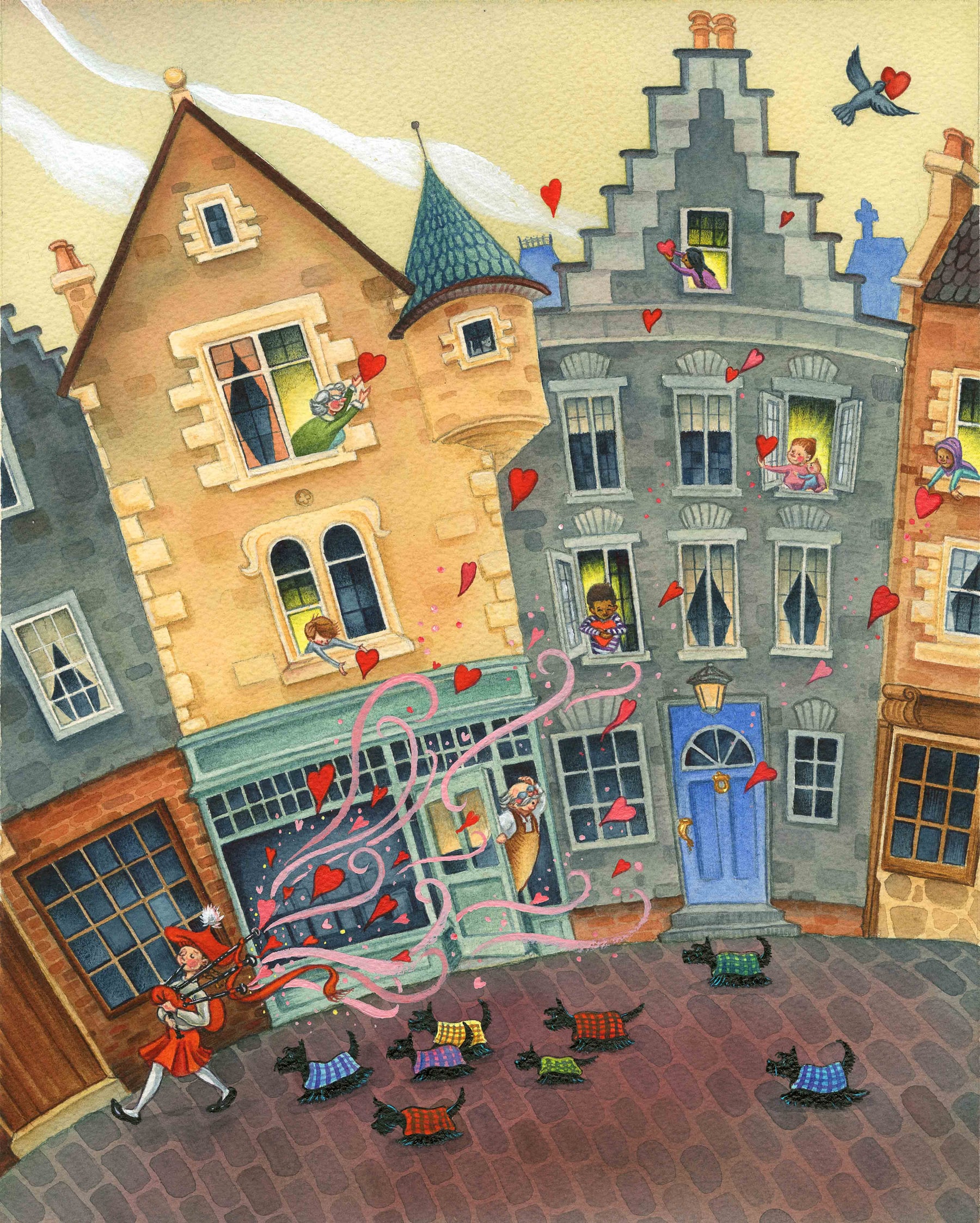 A piper sends hearts and dressed cats through a town