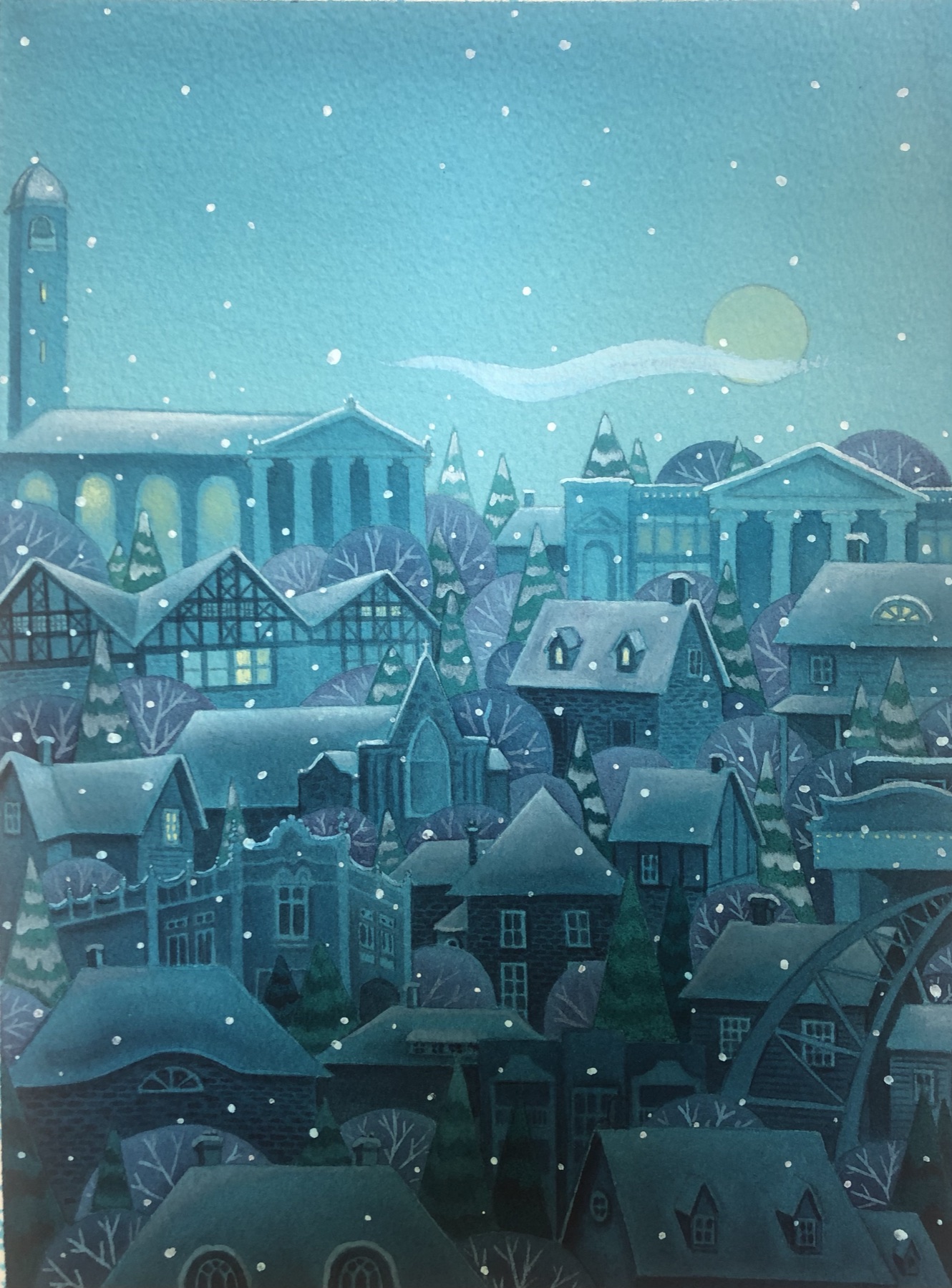 Snow falling over a Cleveland neighborhood