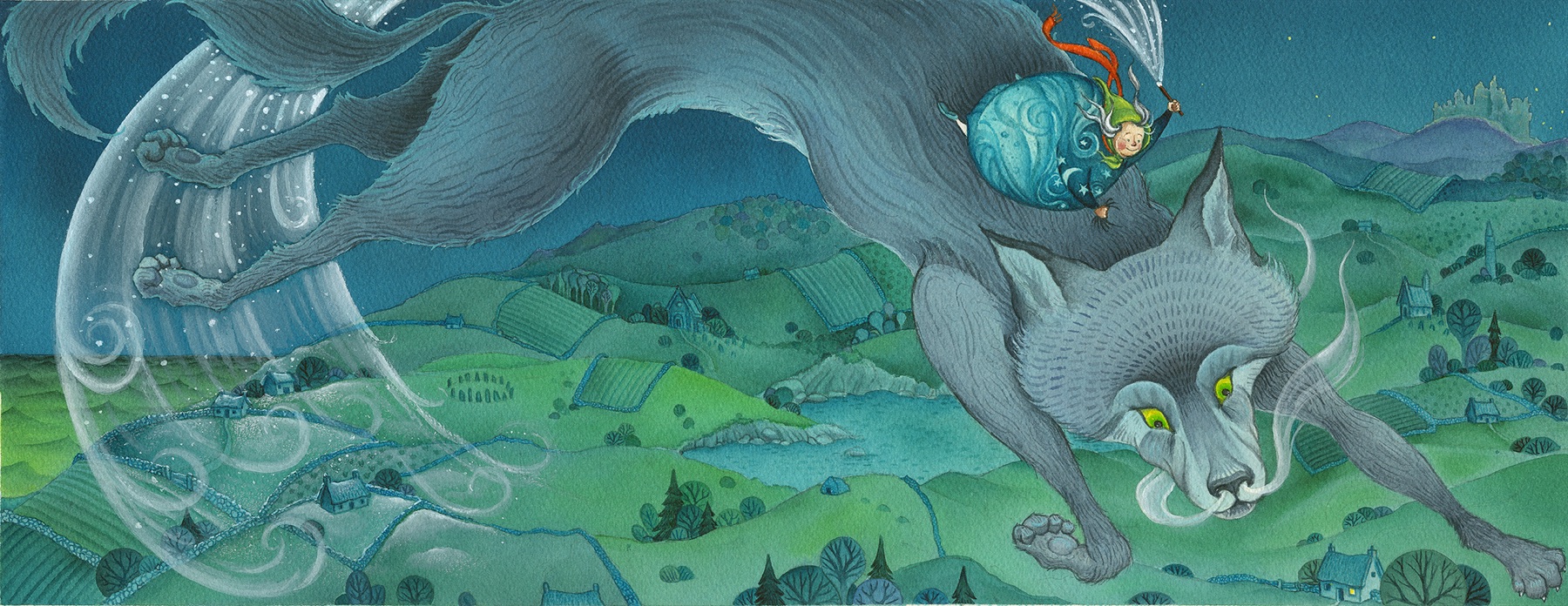 A woman riding a giant wolf through a winter night