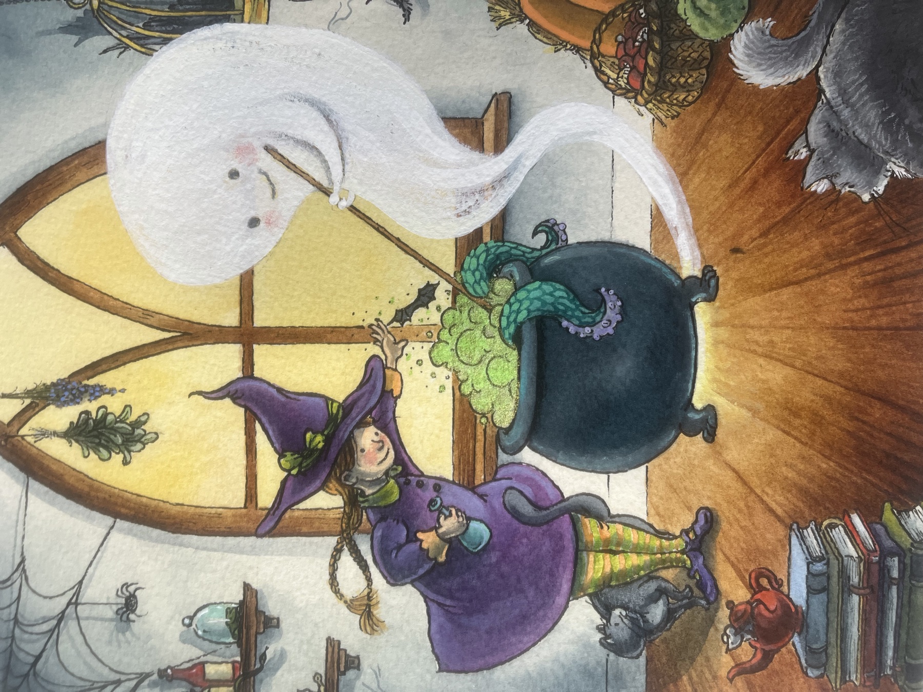 A young witch and ghost stirring a cauldron