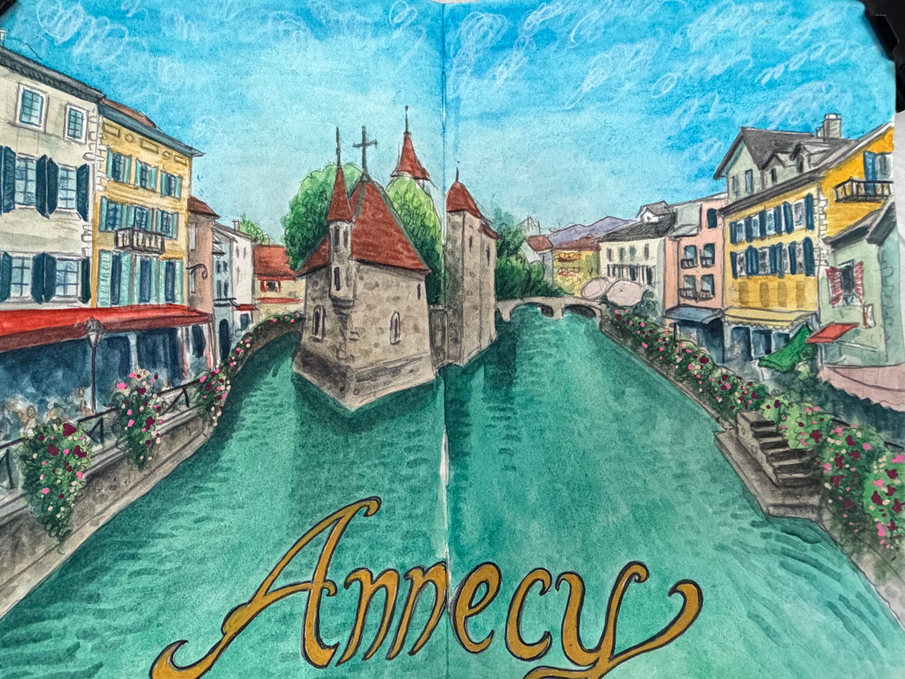 A bright watercolor travel sketch of the canal and buildings of Annecy