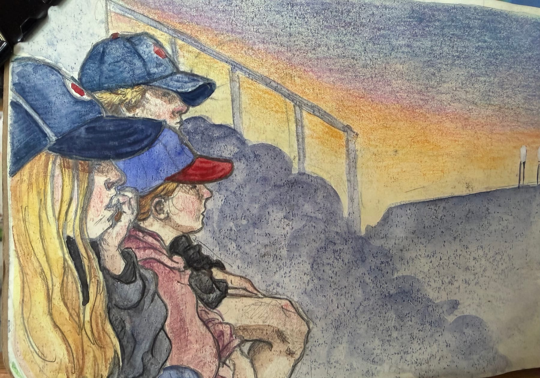 A summer sketchbook view of spectators watching a baseball game