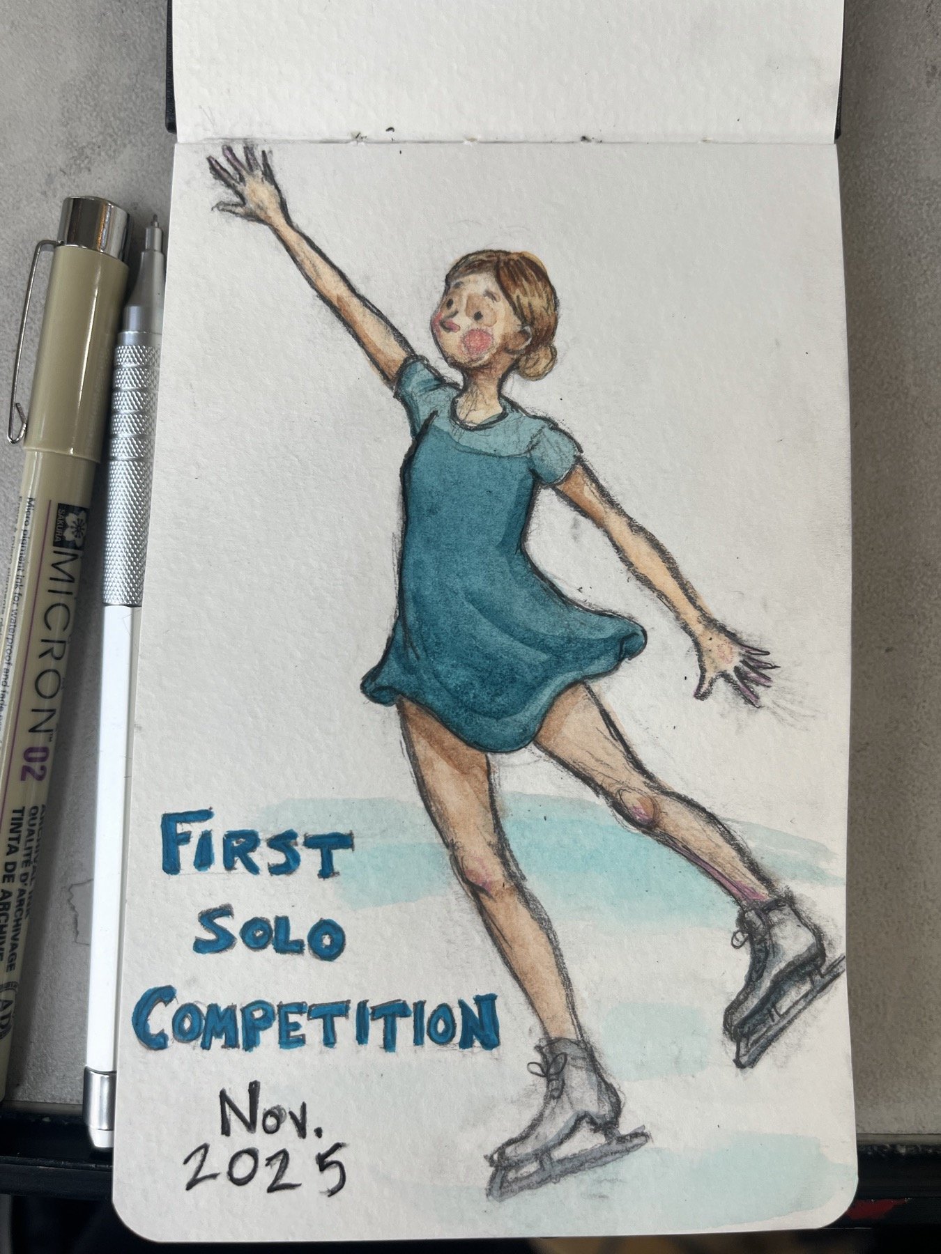 Travel sketchbook page of a young figure skater at her first solo competition