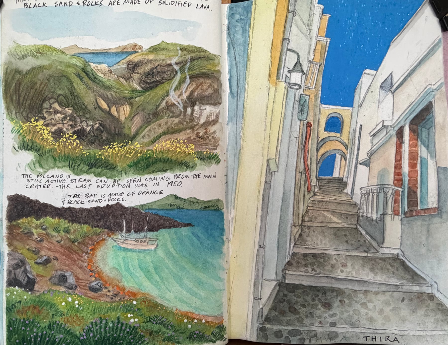 A travel sketchbook spread of cliff paths, blue coves, and whitewashed lanes