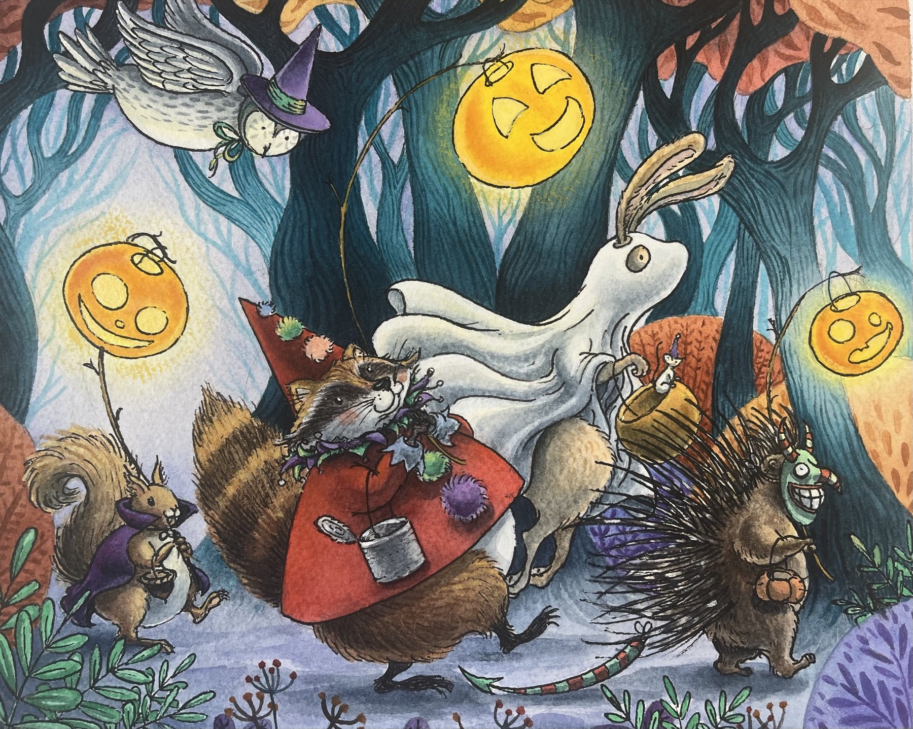 Costumed woodland animals gathered in a moonlit Halloween forest