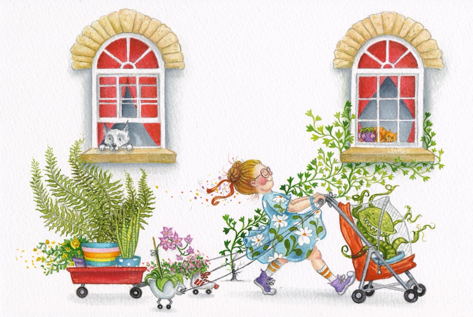 A woman pulling and pushing carts filled with houseplants beneath two windows
