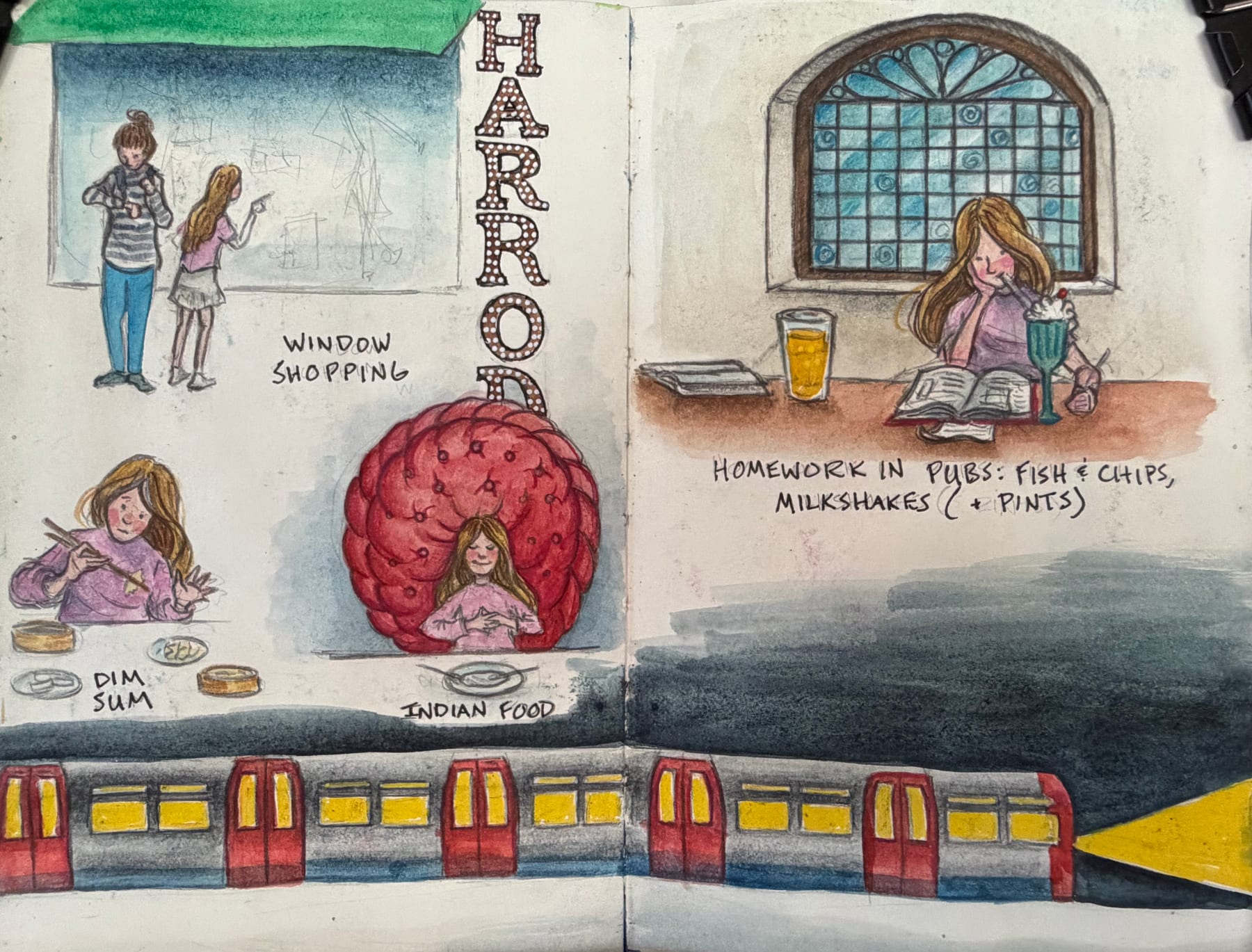 A lively travel sketchbook spread of London streets, windows, and train rides