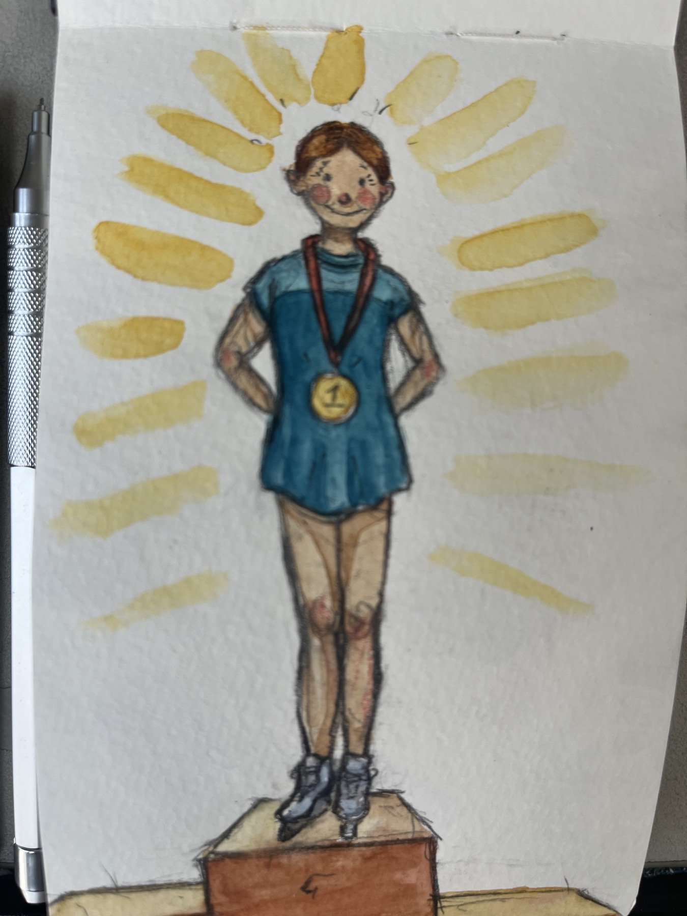 Travel sketchbook page of a young skater standing on a podium with a medal