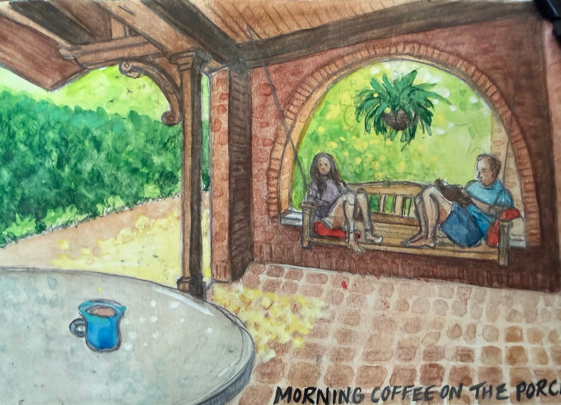 A shaded porch, hanging fern, and two people enjoying morning coffee