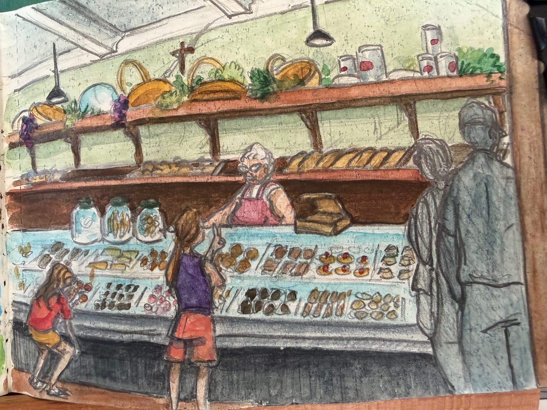 A sketchbook view of families choosing treats at a bakery counter