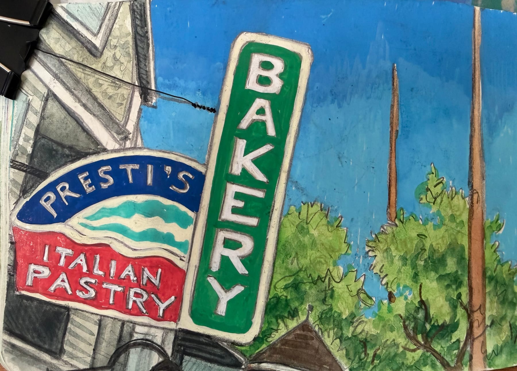 A summer sketchbook study of the Presti's Bakery sign