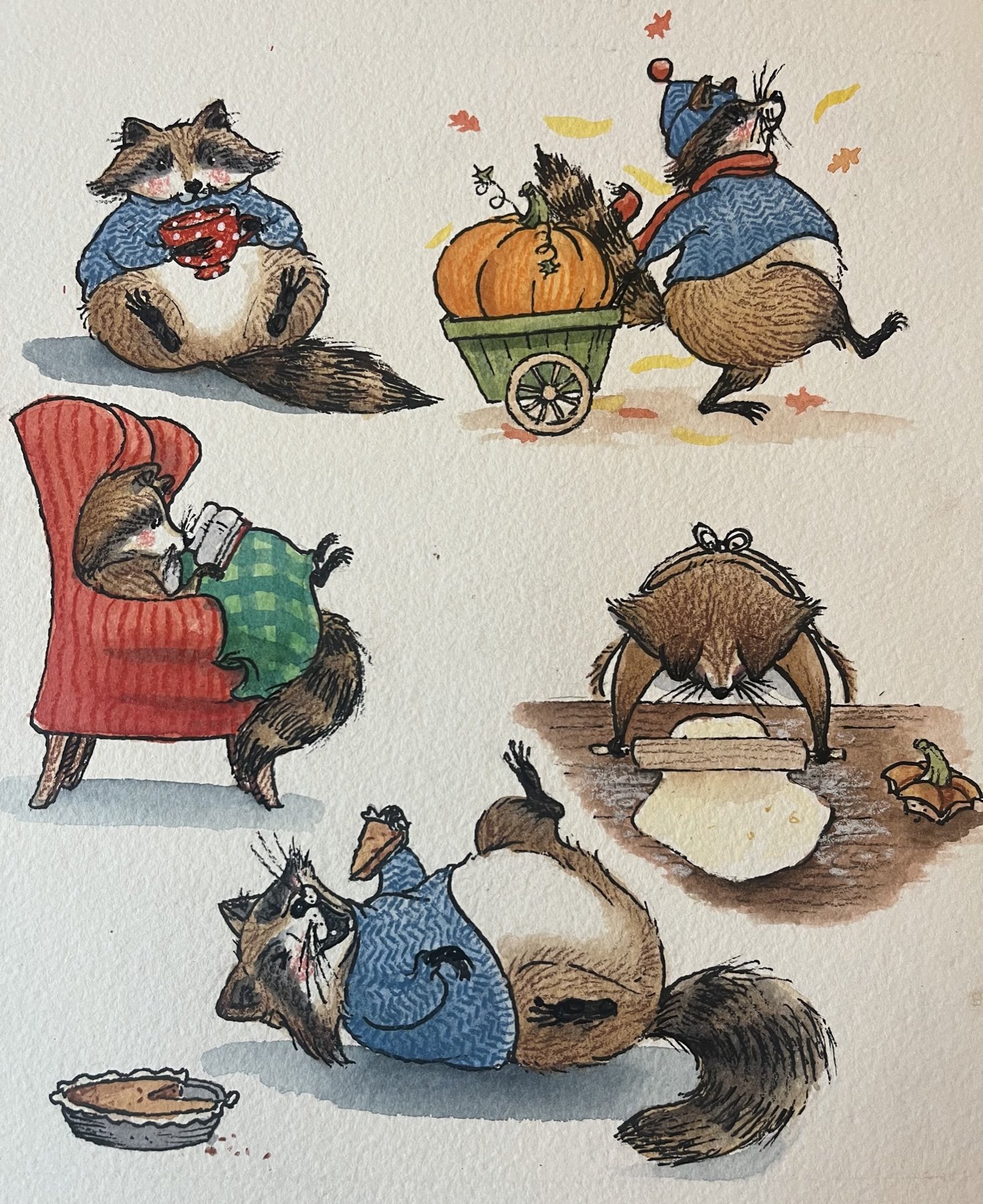 Watercolor character studies of a raccoon cooking, carrying a cart, reading, and resting